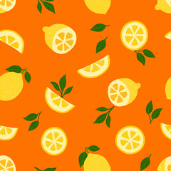 Lemons tropical yellow seamless pattern. Citrus fruit and leaves repeated on orange background. Vector bright print for fabric or wallpape