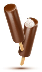 Gourmet ice cream on stick with chocolate on white background