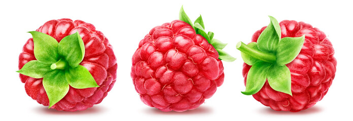 Three red ripe raspberries with green leaves isolated on white background
