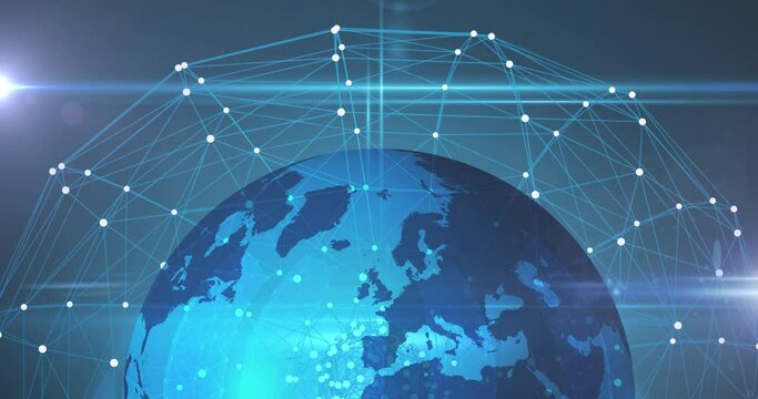 Animation of digital network of connections with globe