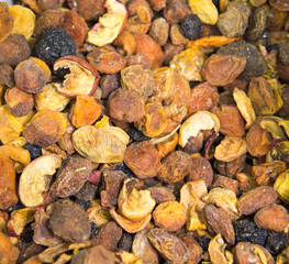 Compote mixture of dried fruits from apples pears peaches prunes plums. Fruits nuts vegetables berries useful products agriculture agriculture.
