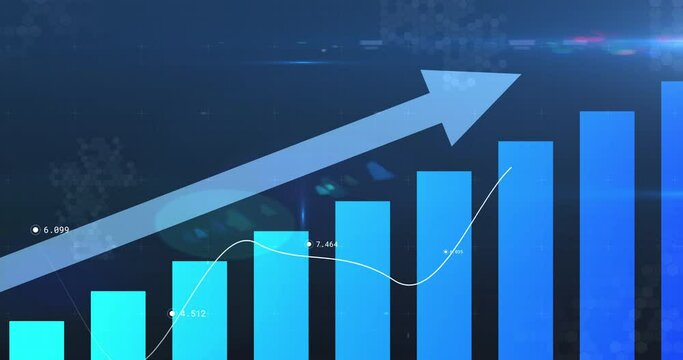 Animation of financial data processing with arrow pointing up and statistics