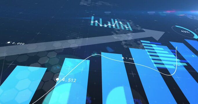 Animation of financial data processing, arrow pointing up and statistics