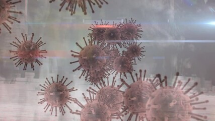 Animation of covid 19 cells over pedestrians walking in busy street - Powered by Adobe