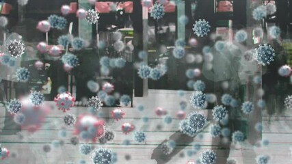 Animation of covid 19 cells over pedestrians walking in busy street - Powered by Adobe