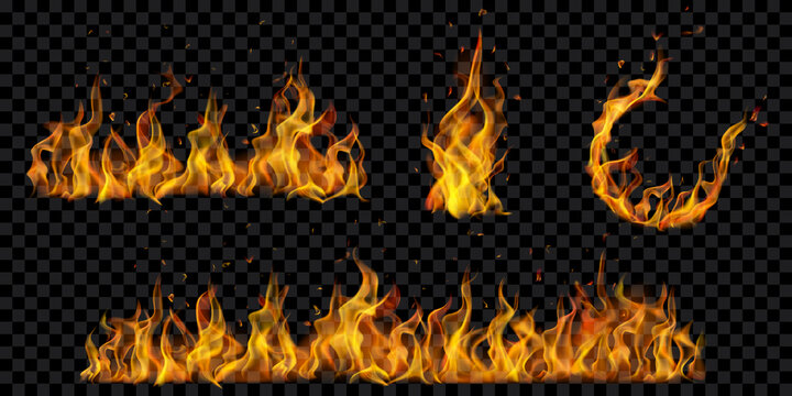 Set of translucent burning arc and campfires of flames and sparks on transparent background. For used on dark illustrations. Transparency only in vector format