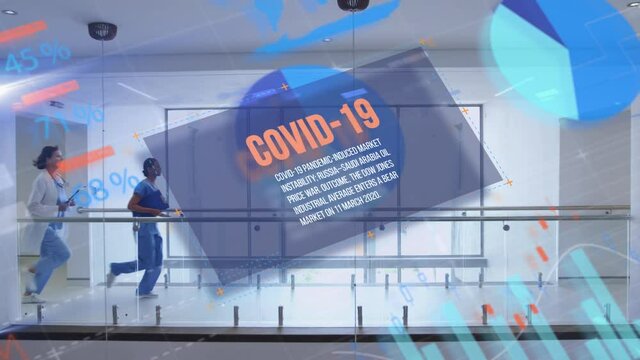 Animation of covid 19 text and statistics over medical staff running in hospital