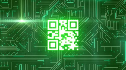 Animation of glowing qr code digital interface over green circuit board - Powered by Adobe