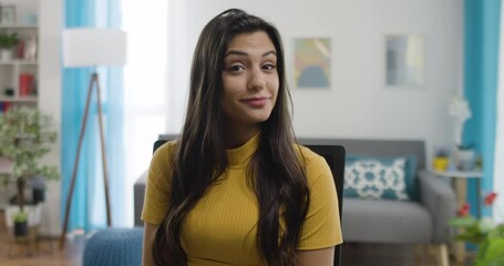 Smiling young caucasian woman blogger vlogger influencer at home speaking at computer camera.  Virtual video conference call or video-chat at home. Webcam view.