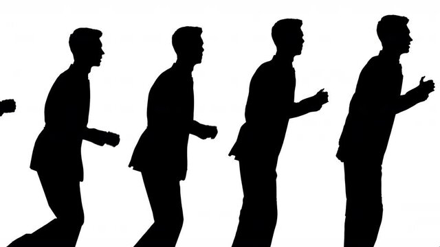 Silhouetted businessman running against white background