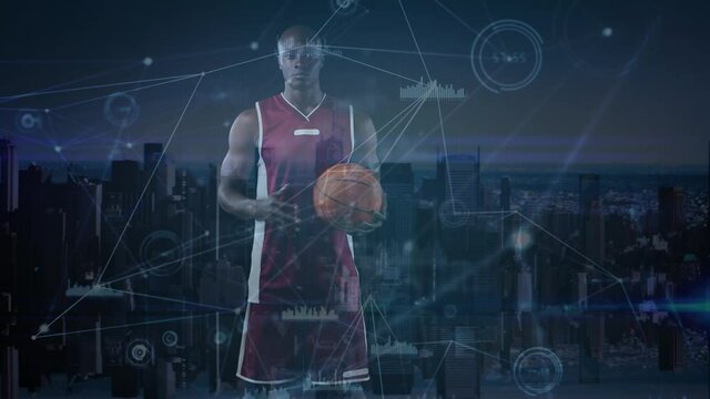 Animation of male basketball player with network of connections and cityscape