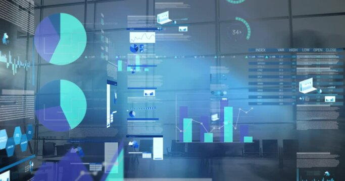 Animation of statistics and financial data processing over busy office - Powered by Adobe