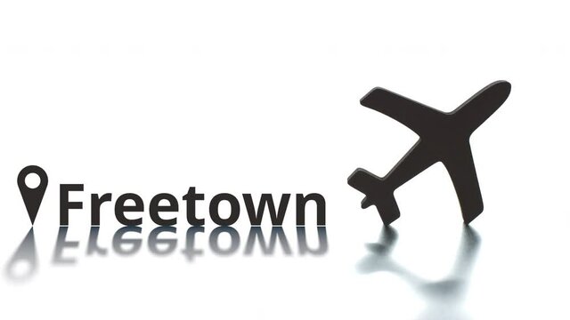 Freetown text, geotag and airplane silhouette. Travel concept