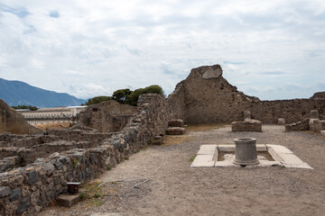 Italy, Pompeii 12,07,2019 Archaeological ruin of ancient Roman city, Pompeii, was destroyed by Eruption of Vesuvius, volcano nearby city in Pompeii