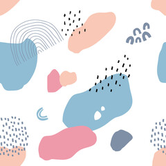 Naklejka premium Abstract seamless pattern in trendy style with botanical and geometric elements, textures. Trendy pastel colors. 