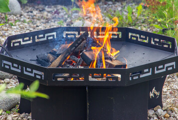  Wood is burning  in a metal fire bowl. Used for cooking,   warming up on a cold evening in the open air. .