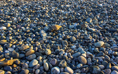 Large and small  stones on the beach. Sea pebbles  nature and abstract  background.
