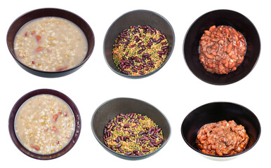 set of beans dishes in black bowls isolated on white background