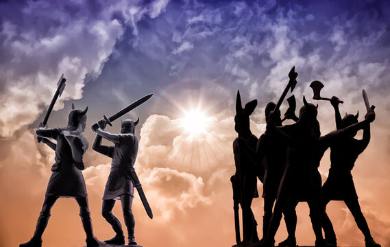 Mythical battle of Old Norse Gods (ghostly Vikings), bright sun and peachy-blue clouds, Odin, Valhalla and Ragnarok themes, 3D illustration created by overlaying one layer over another