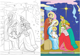 Christmas nativity scene with baby Jesus, Mary and Joseph. Three wise kings arrives with divine gifts. Star of Bethlehem. Christian vector illustration.