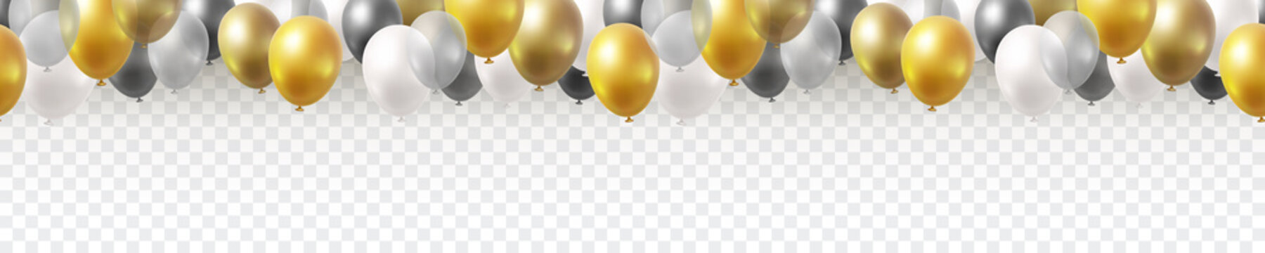 Balloon Seamless Border Isolated On Transparent Background. Vector Realistic Gold, Golden Bronze, Silver, White And Black Festive 3d Helium Baloons Banner For Anniversary, Birthday Party Design