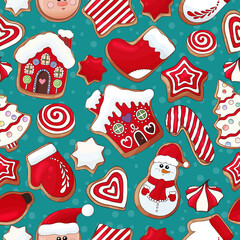 Gingerbread cookies pattern. Christmas cookies print. Many types christmas sweets. Happy New Year delicious pattern. Gingerbread house, gingerbread man cookies print. Christmas glazed cookie wallpaper