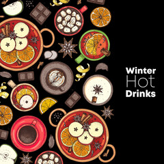 Mulled wine, winter hot drink. Hand drawn. Vector illustration. Hot drinks for design. Christmas invitation design template. Colorful collection. Christmas bar menu. Mulled wine, coffee and tea