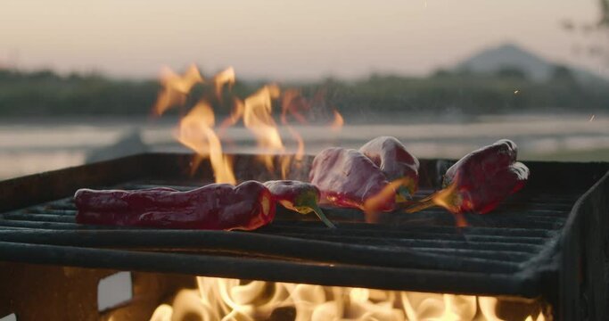 Tossing red chili peppers onto a park grill in slow motion. The fresh, raw chile peppers bounce on the flaming grate. Flames represent the heat of the spicy red chili peppers. 