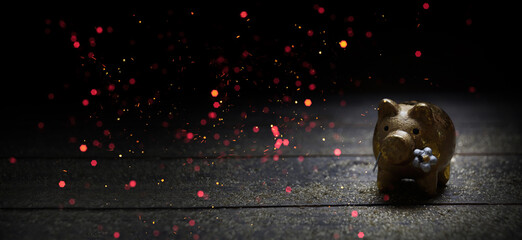 Christmas New Year background banner with golden lucky pig and bokeh lights - Happy New Year
