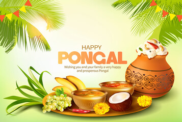 Greeting card with traditional food and clay pot with rice for Indian harvest festival Pongal (Makar Sankranti). Vector illustration.
