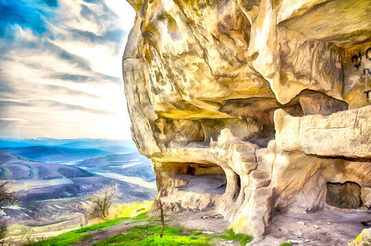 Beautiful mountain landscape with caves colorful painting looks like picture, Crimea.