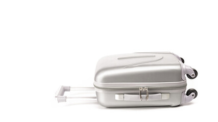 Travel suitcase isolated. Silver plastic luggage or vacation baggage bag on white background. Design of summer vacation holiday concept.