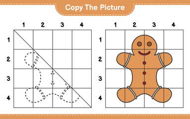 Copy the picture, copy the picture of Gingerbread Man using grid lines. Educational children game, printable worksheet, vector illustration
