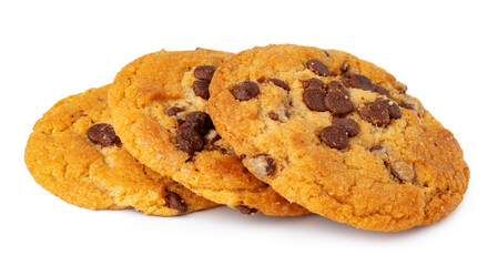 Pile of chocolate chip cookies isolated on white background