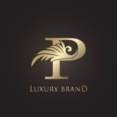 Luxury Letter P Logo Gold Monogram Feather Decorative Ornate Ornament Vector Design
