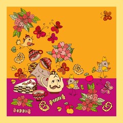 Kawaii birds, jug, teapot and teacups, butterflies and bunchs of flowers on bright orange and lilac background. Hot stand, napkin, doily, cushion. Design elements.