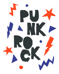 Punk rock music set. Shapes and symbols, words and design elements on white background. Freehand drawn vector illustration