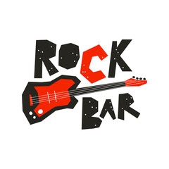 Rock bar cutout style lettering. Red and black sign and bass guitar vector illustration great for poster, label, badge, t-shirt, signboard