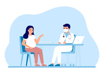 Young pregnant woman at consultation with doctor gynecologist in hospital. Pregnancy monitoring, analysis, monitor health. Expectant mother, motherhood, maternity. Vector illustration flat style