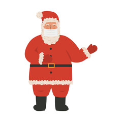 Cute hand drawn flat Santa Claus in medical face mask laughing and waving. COVID-19 pandemic prevention concept in time of Christmas holidays. Vector illustration of Santa isolated on white background