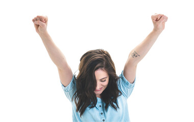 Victory. Young woman looking down with wide opened arms, girl celebrates his success, isolated on white background. Studio shot
