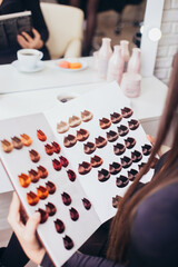 Young beautiful brunette woman choosing the hair color from palette in hairdressing salon
