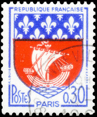 Postage stamp issued in the France with the image of the Coat of arms of Paris. From the series on Coat of arms, 1965