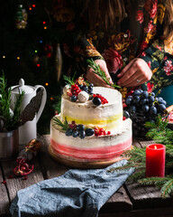 Christmas fruit cake, winter cake, new year cake, xmas, christmas eve, christmas dessert. still life of food