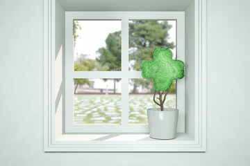 Small plant in pot on window as a plant shaped cross at sunny day. Healthcare medical or first aid concept