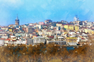 Fototapeta na wymiar Cityscape of Istanbul colorful painting looks like picture, Istanbul, Turkey.