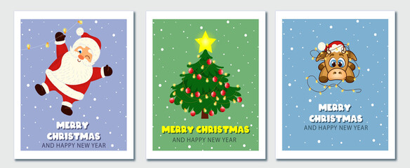 Set of Christmas and New year snow postcards. Flat holiday postcard template. Collection of colored cards with Santa Claus, Christmas tree, garland, decorations and a bull - a symbol of the 2021 year 