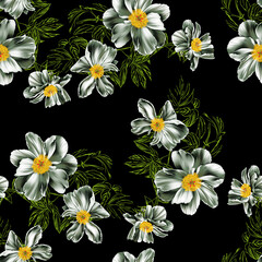 Seamless pattern with peonies, twigs, green leaves on a black background. Endless botanical floral illustration.