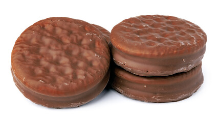 Chocolate cookies in glaze isolated on white background