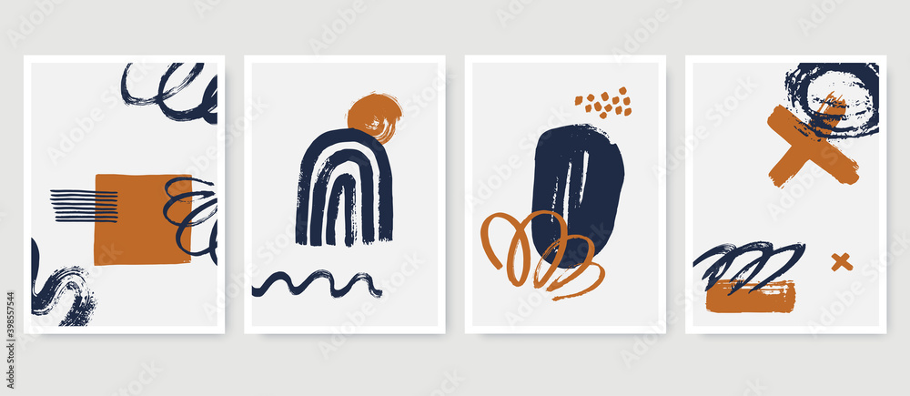 Poster Set of abstract posters in minimalist style with primitive hand painted shapes. Trendy artistic composition for wall decoration, cover, t-shirt print, postcard, web banner. Vector illustration.